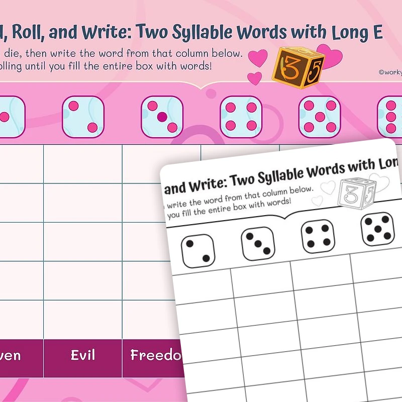 Roll and Read Two—Syllable Words with Long E — ela worksheet for Grade 2, page 1 of 3