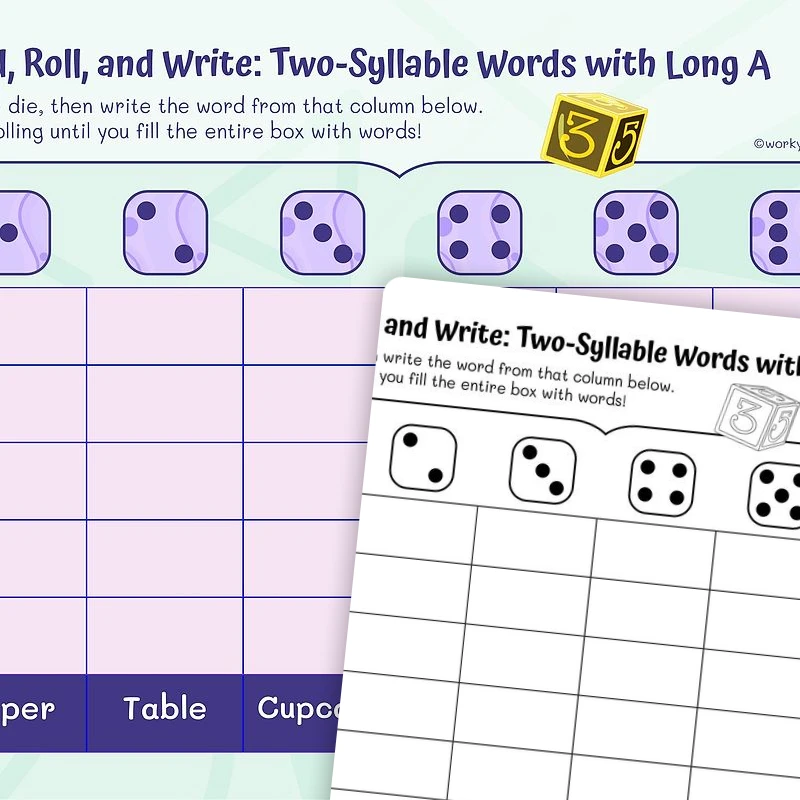 Read, Roll, and Write: Two—Syllable Words with Long A — ela worksheet for Grade 2, page 1 of 3