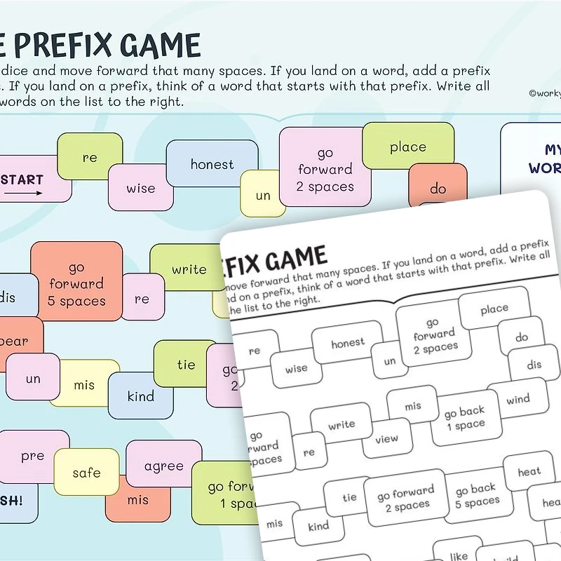The Prefix Board Game — ela worksheet for Grade 2, page 1 of 3