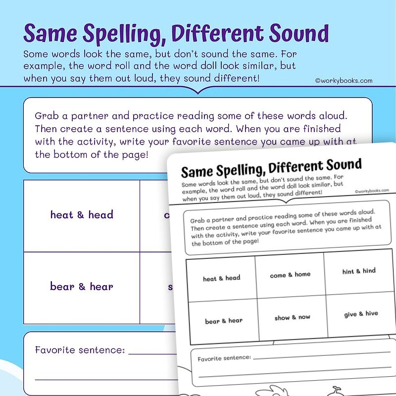 Same Spelling, Different Sound — ela worksheet for Grade 2, page 1 of 3