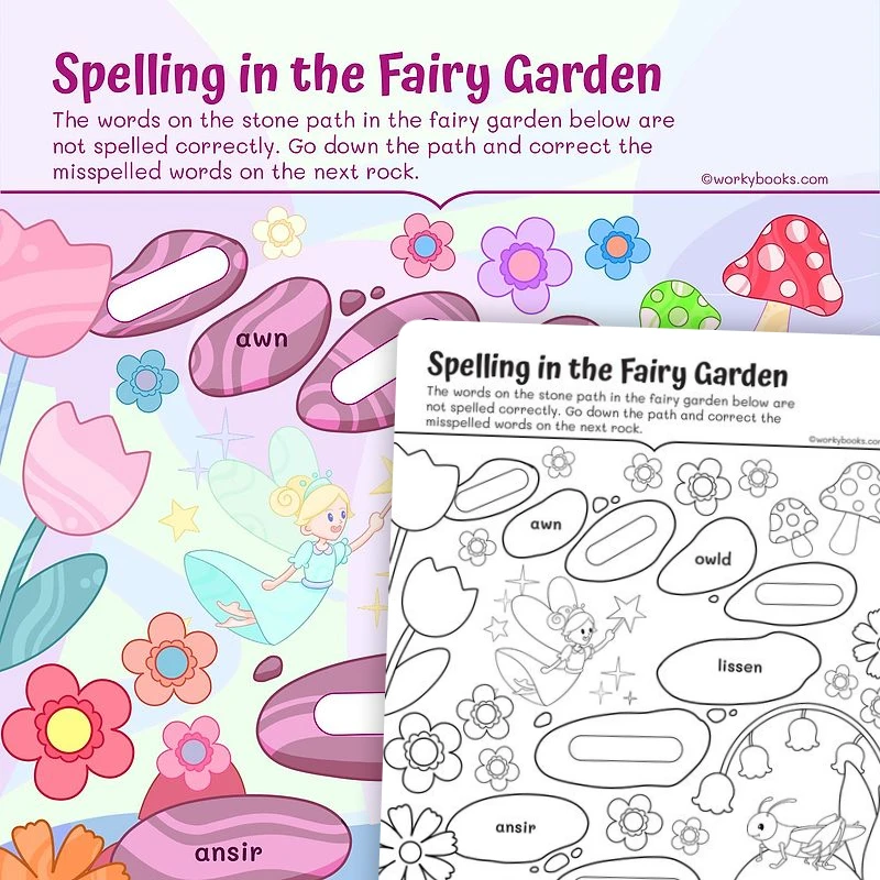 Spelling in the Fairy Garden — ela worksheet for Grade 2, page 1 of 3