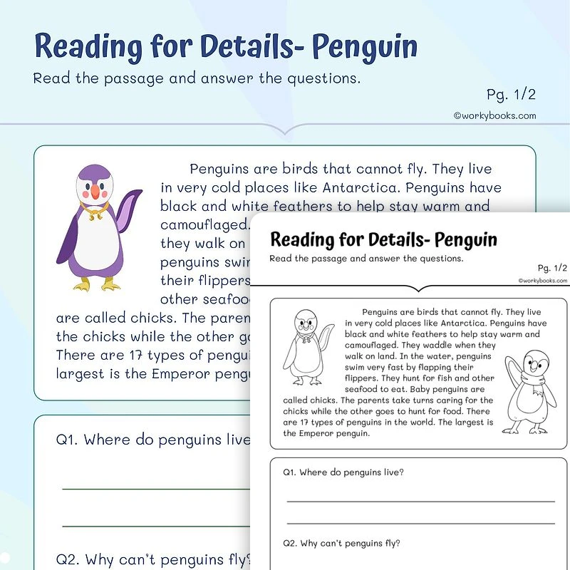 Reading for Details —Penguins — ela worksheet for Grade 2, page 1 of 3