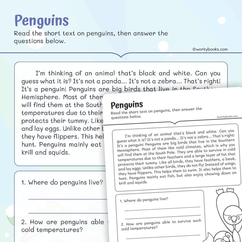 Informational Text — Penguins — ela worksheet for Grade 2, page 1 of 3