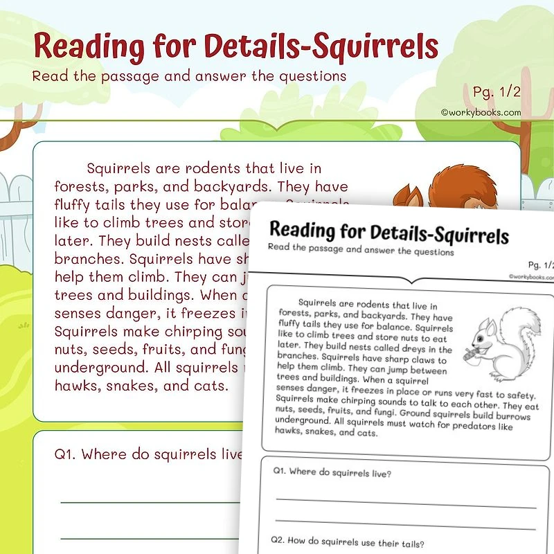 Reading for Details —Squirrels — ela worksheet, page 1 of 3