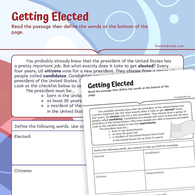 Contextual Clues Getting Elected — ela worksheet for Grade 2, page 1 of 3