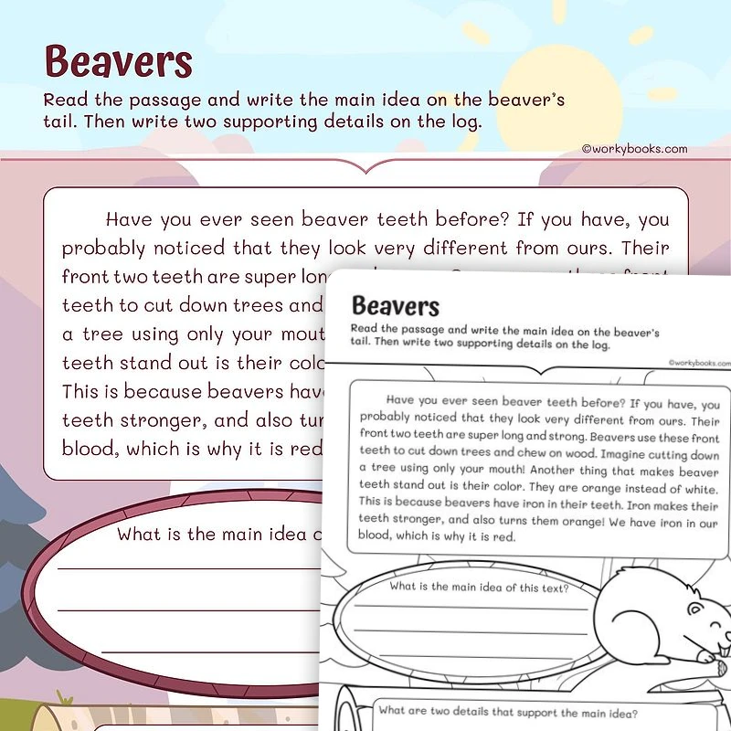Reading for Main Details—Beavers Teeth — ela worksheet for Grade 2, page 1 of 3
