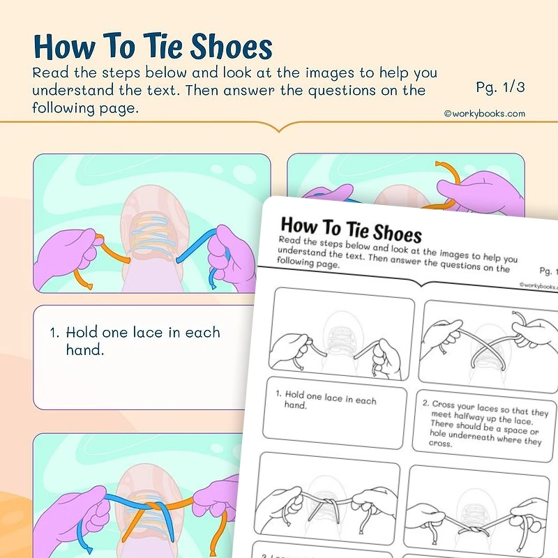 Clarifying Text with illustrations—How to Tie Shoes — ela worksheet for Grade 2, page 1 of 3
