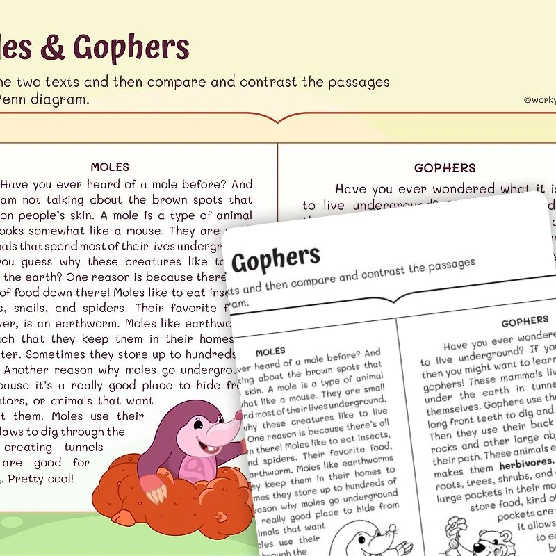 Compare and Contrast Moles & Gophers — ela worksheet for Grade 2, page 1 of 3