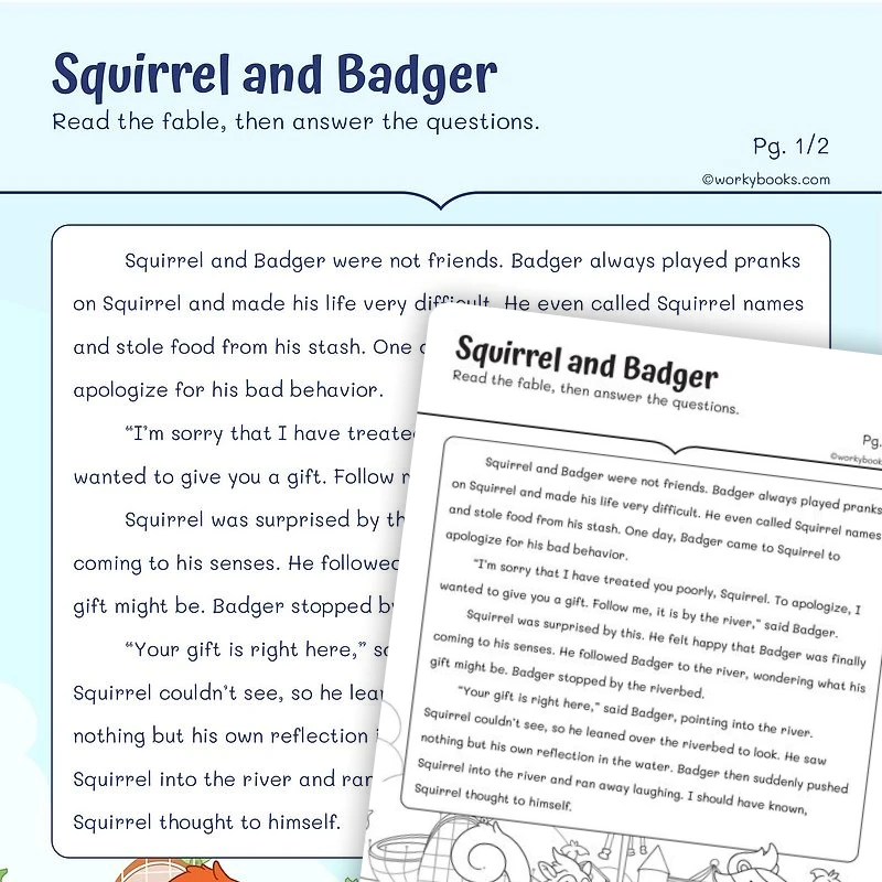 Squirrel & Badger—Moral of the Story — ela worksheet for Grade 2, page 1 of 3