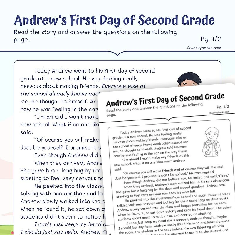 Andrew’s First Day of Second Grade — ela worksheet for Grade 2, page 1 of 3