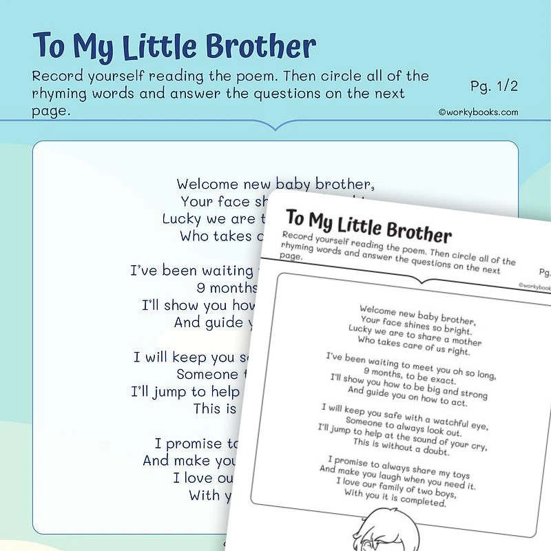 To My Little Brother !Poem — ela worksheet for Grade 2, page 1 of 3