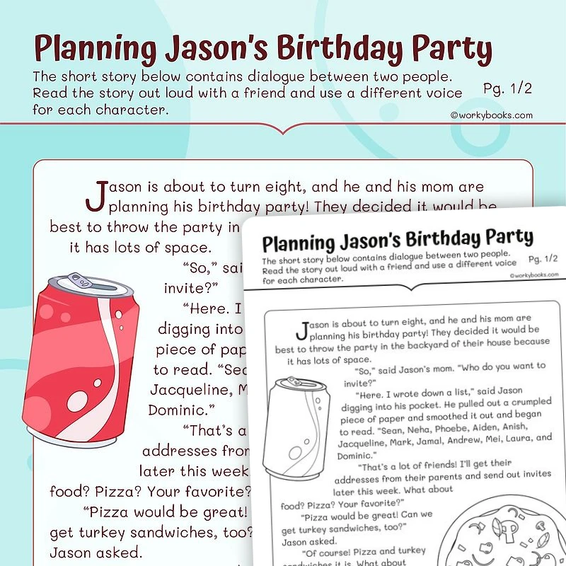 Short Story on Planning Jason's Birthday Party — ela worksheet for Grade 2, page 1 of 3