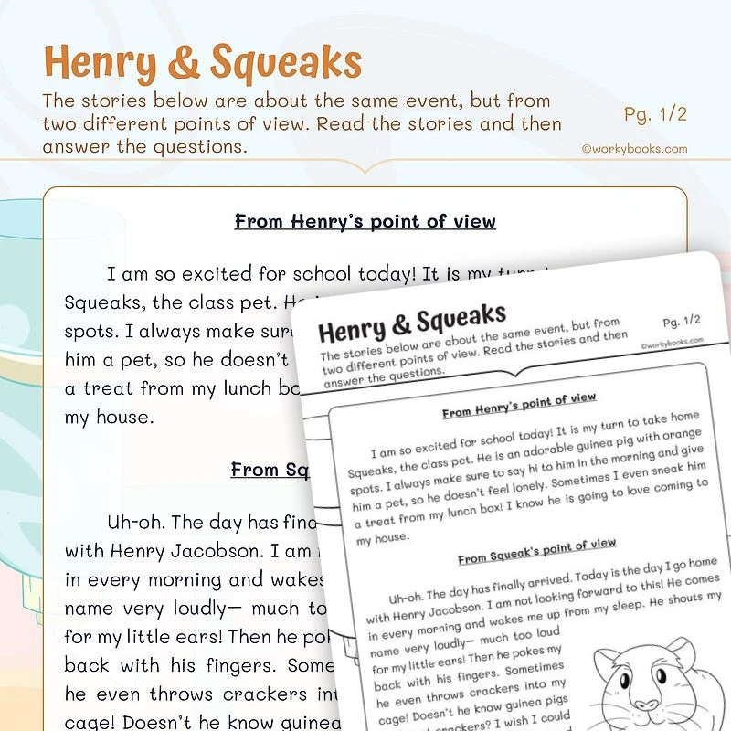 Henry & Squeaks—Character's Point of View | — ela worksheet for Grade 2, page 1 of 3
