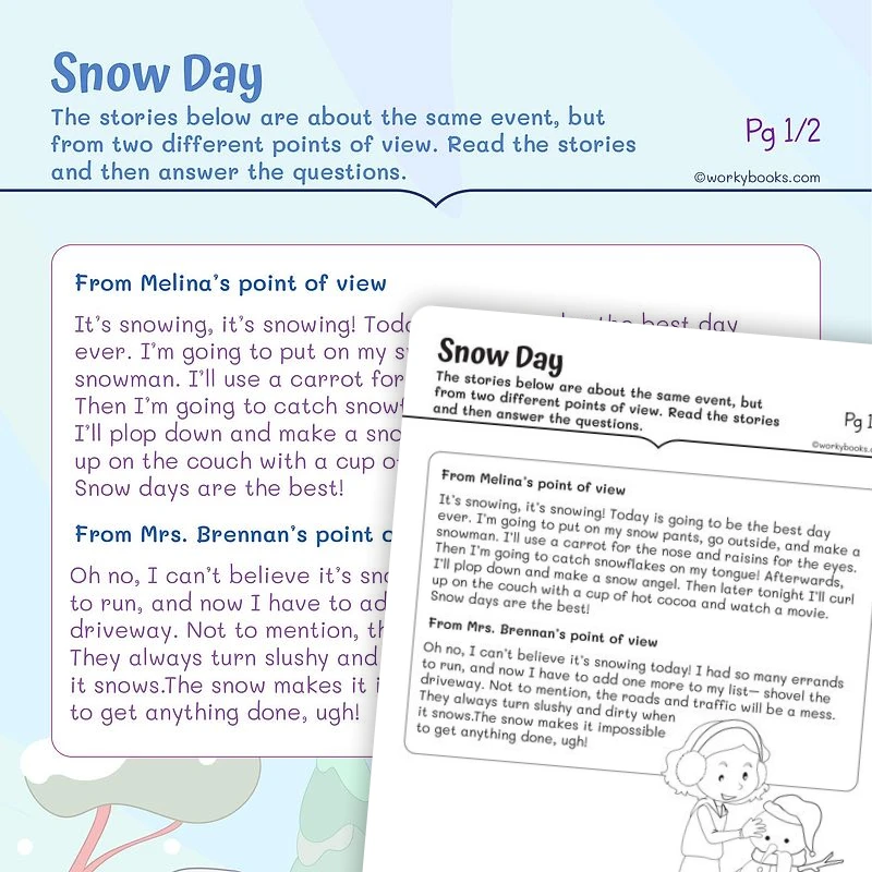 Snow—Point of View — ela worksheet for Grade 2, page 1 of 3