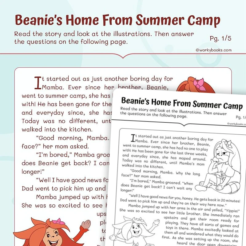 Short Story —Beanie's Home From Summer Camp — ela worksheet for Grade 2, page 1 of 3