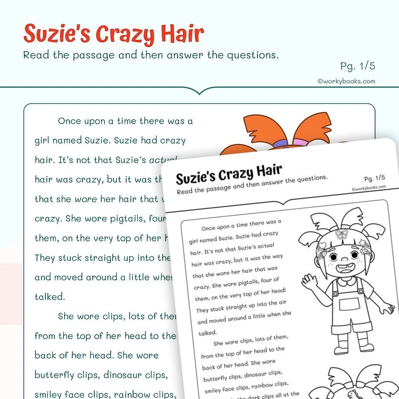 Short story on Suzie's Crazy Hair — ela worksheet for Grade 2, page 1 of 3