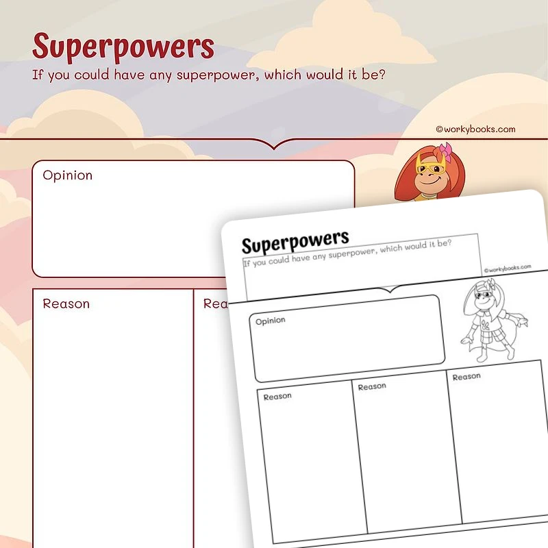 Explanatory Writing —Superpowers — ela worksheet for Grade 2, page 1 of 3