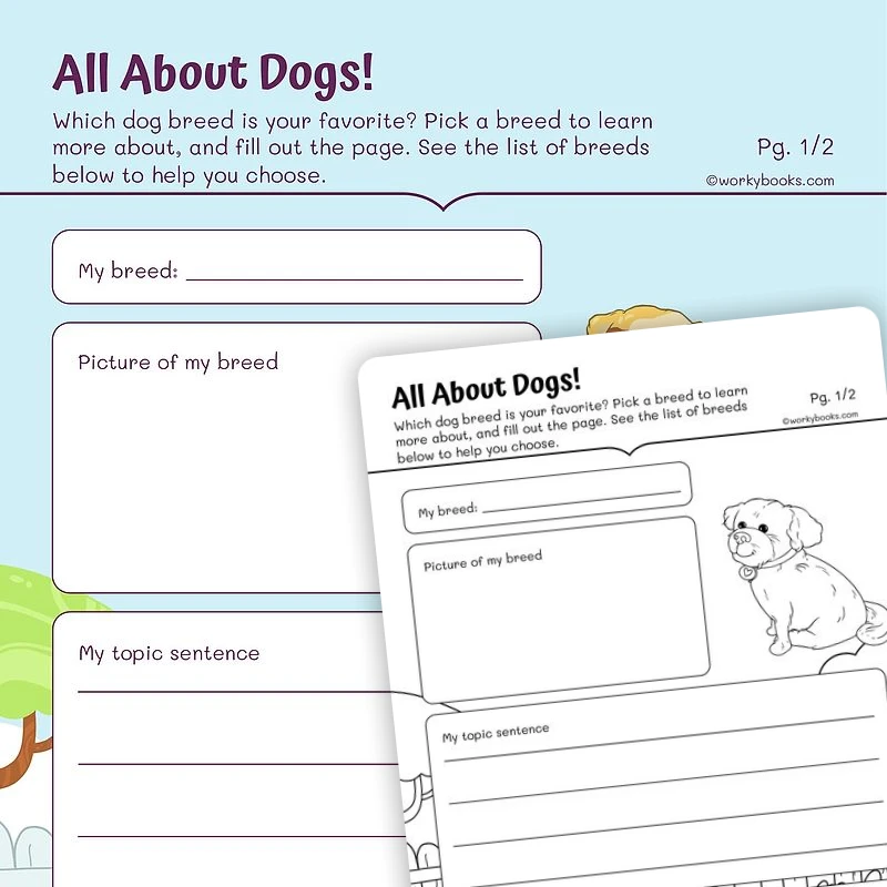 Explanatory Writing—All About Dogs — ela worksheet for Grade 2, page 1 of 3