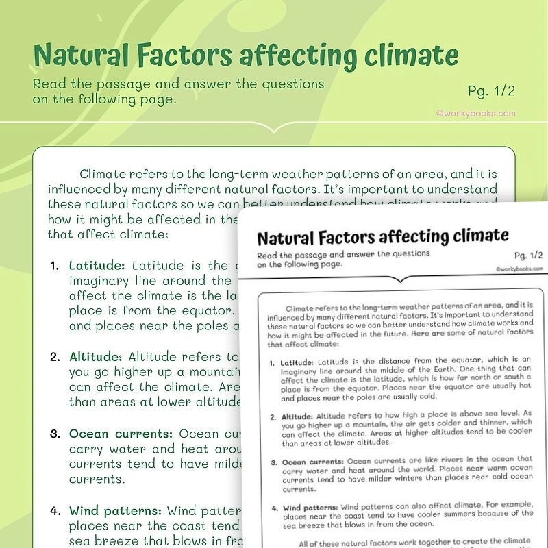 Natural Factors affecting Climate — ela worksheet for Grade K, Grade 1, Grade 2, Grade 3, Grade 4, Grade 5, page 1 of 3