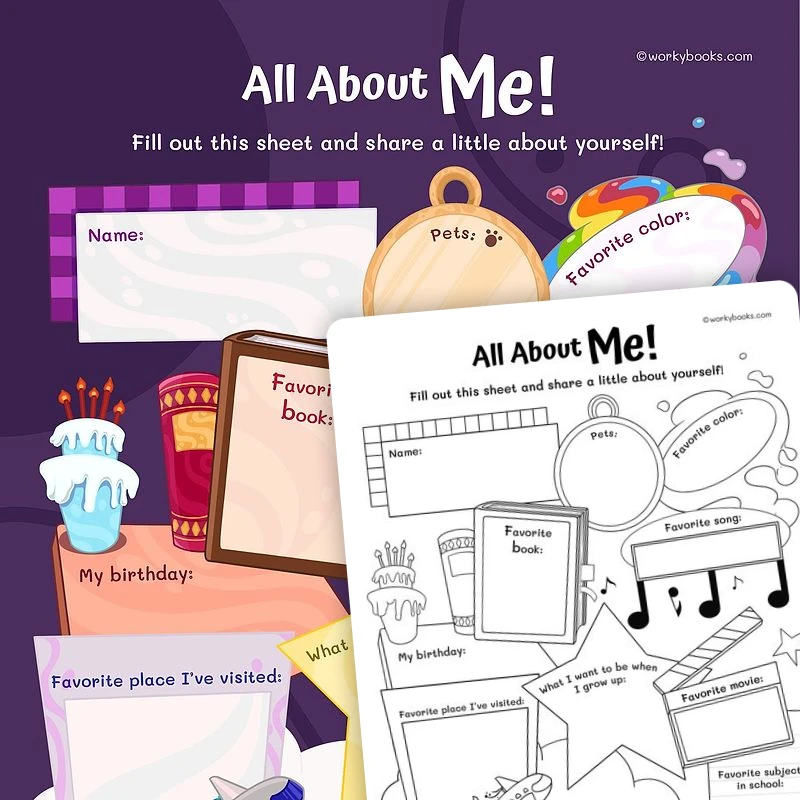 All About Me Sheet — ela worksheet for Grade K, Grade 1, Grade 2, Grade 3, Grade 4, Grade 5, page 1 of 3