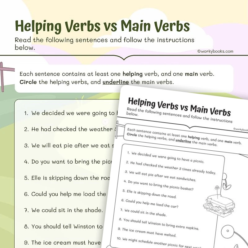 Helping Verbs vs Main Verbs — ela worksheet for Grade 3, page 1 of 3