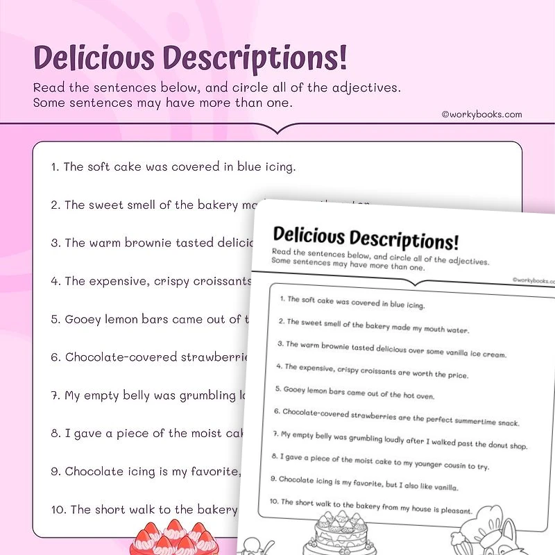Delicious Descriptions Adjectives! — ela worksheet for Grade 3, page 1 of 3