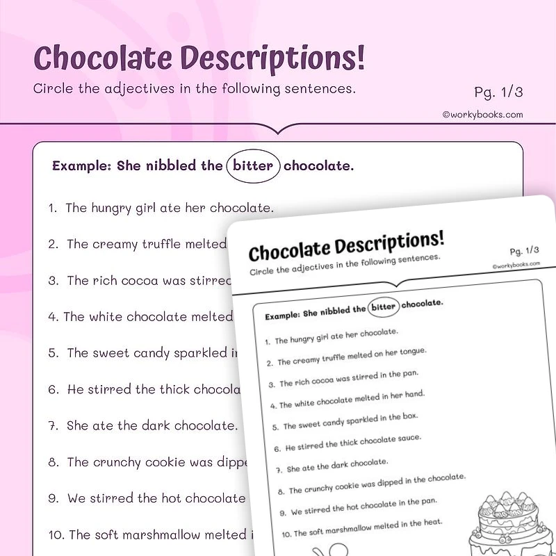 Chocolate Descriptions Adjectives — ela worksheet for Grade 2, Grade 3, Grade 4, page 1 of 3