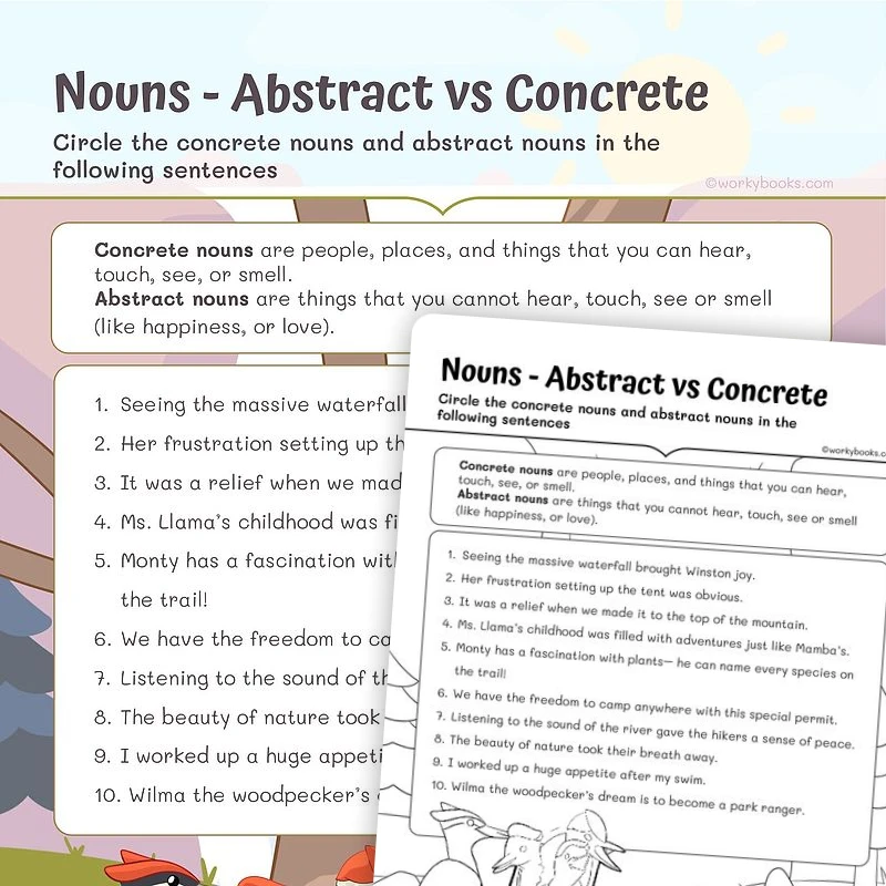 Nouns — Abstract vs Concrete — ela worksheet for Grade 3, page 1 of 3