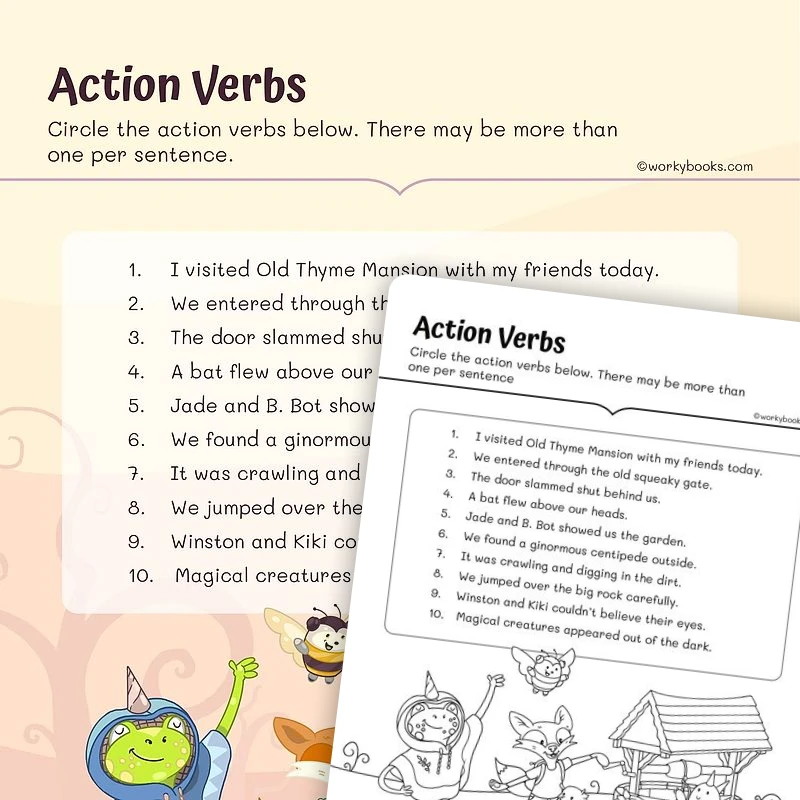 Action Verbs — ela worksheet for Grade 3, page 1 of 3