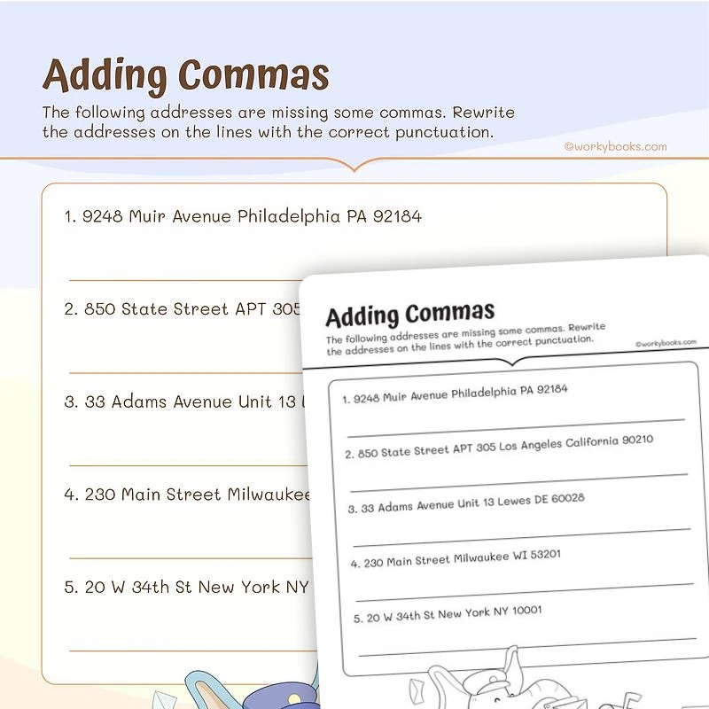 Adding Commas — ela worksheet for Grade 3, page 1 of 3