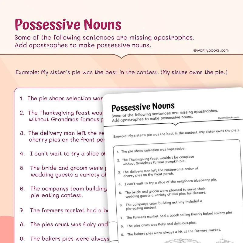 Pie Possessive Nouns — ela worksheet for Grade 3, page 1 of 3