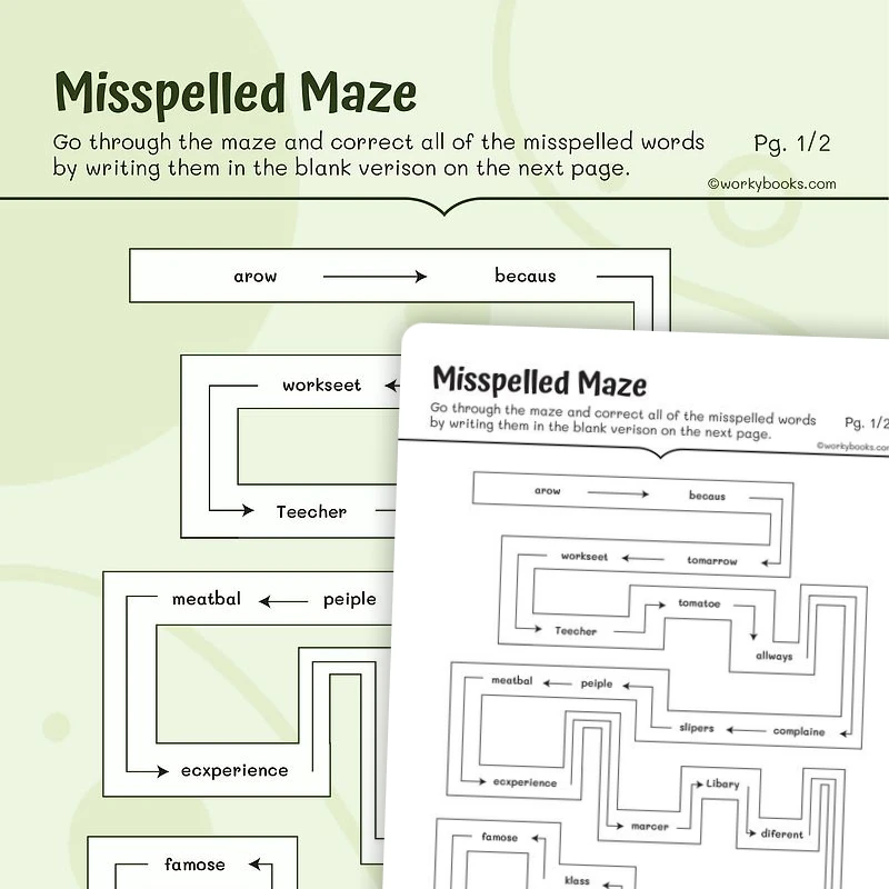Misspelled Maze — ela worksheet for Grade 3, page 1 of 3