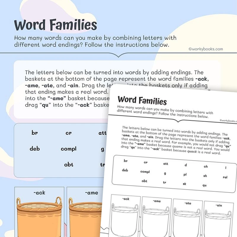 Word Families Endings — ela worksheet for Grade 3, page 1 of 3