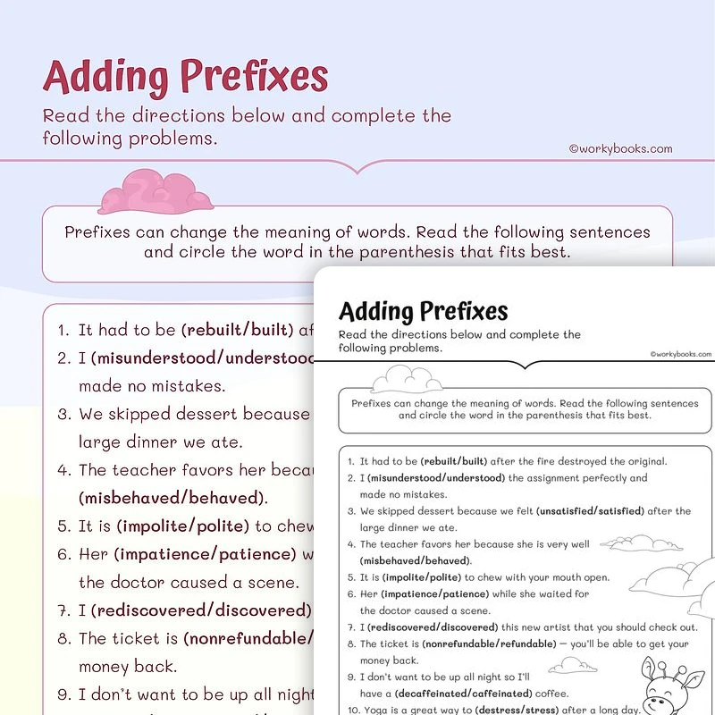 Prefix Addition — ela worksheet for Grade 3, page 1 of 3