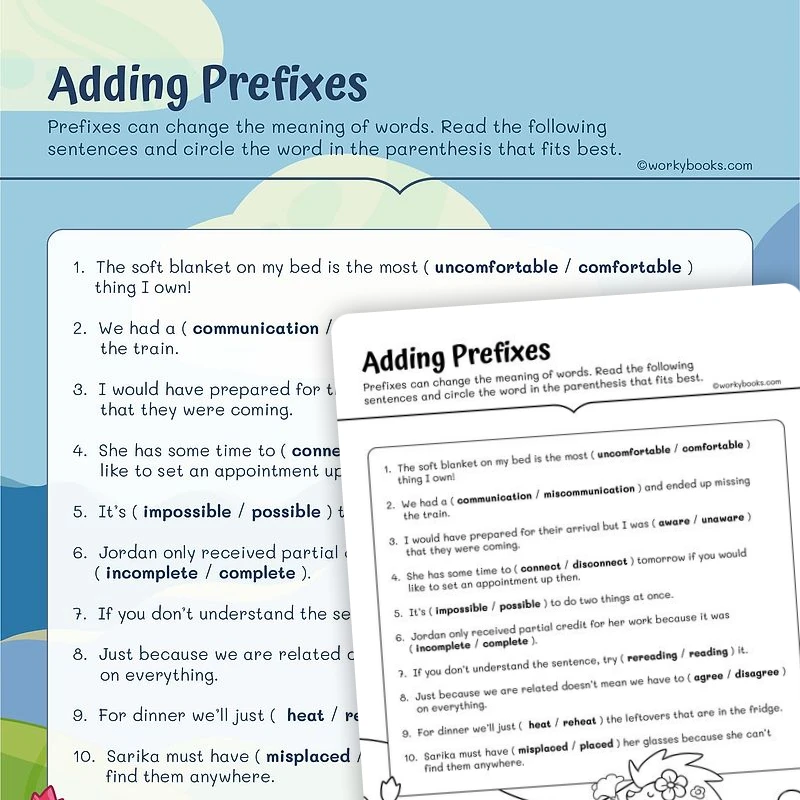 Adding Prefixes — ela worksheet for Grade 3, page 1 of 3