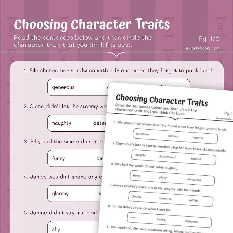 Choosing Character Traits — ela worksheet for Grade 3, page 1 of 3