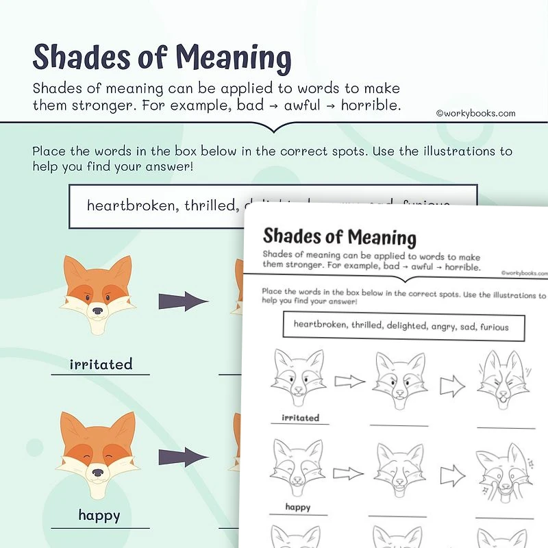 Shades of Meaning Using illustrations — ela worksheet for Grade 3, page 1 of 3