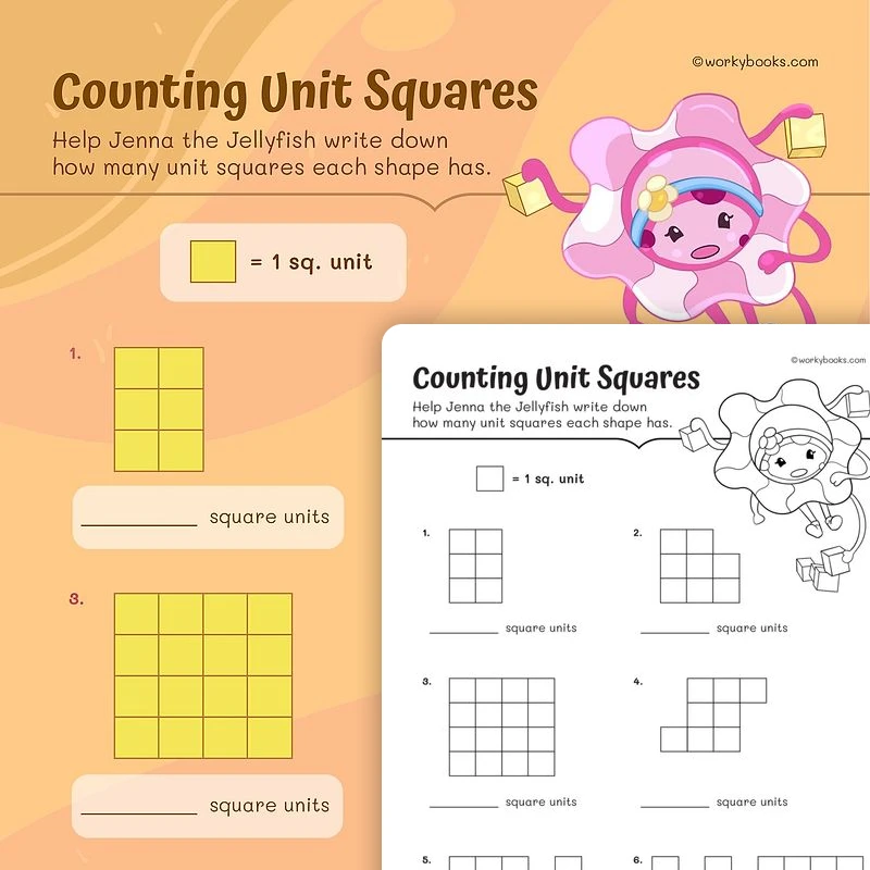 Counting Unit Squares! — math worksheet for Grade 3, page 1 of 3