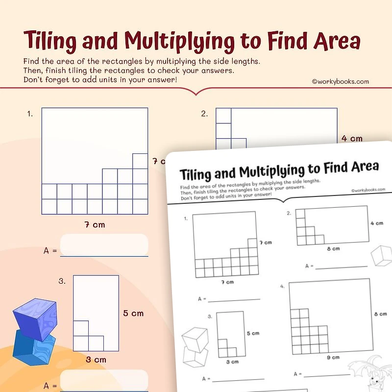 Tiling and Multiplying to Find Area — math worksheet for Grade 3, page 1 of 3