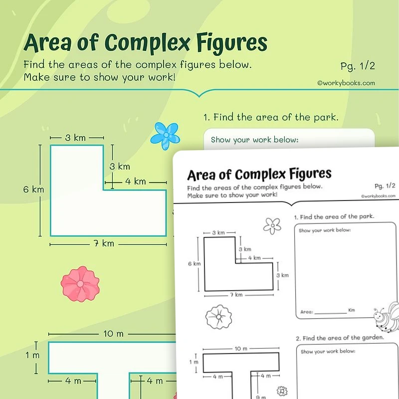 Area of complex figures — math worksheet for Grade 3, page 1 of 3