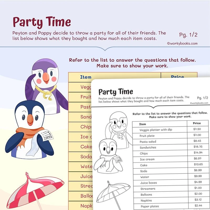 Party Time—Addition With Decimals — math worksheet for Grade 3, page 1 of 3