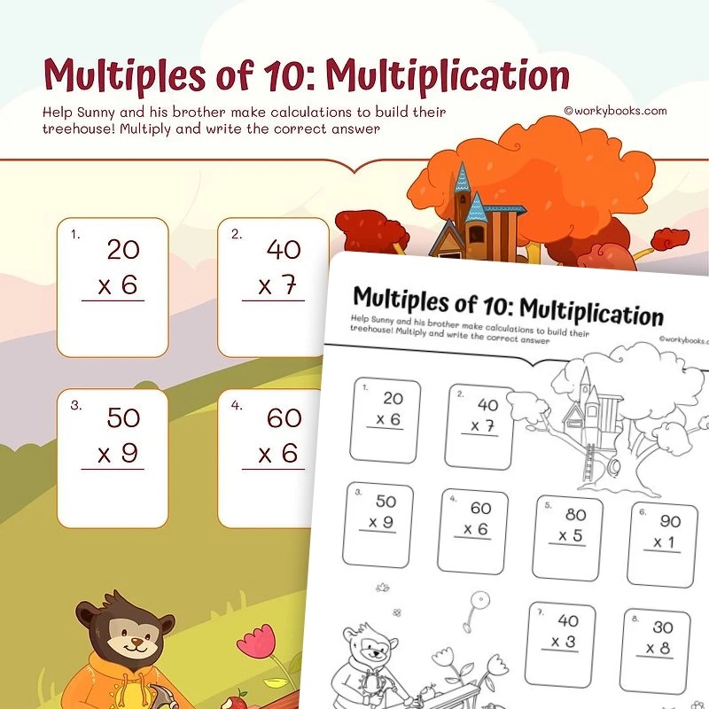 Multiples of 10—Tree House — math worksheet for Grade 3, page 1 of 3