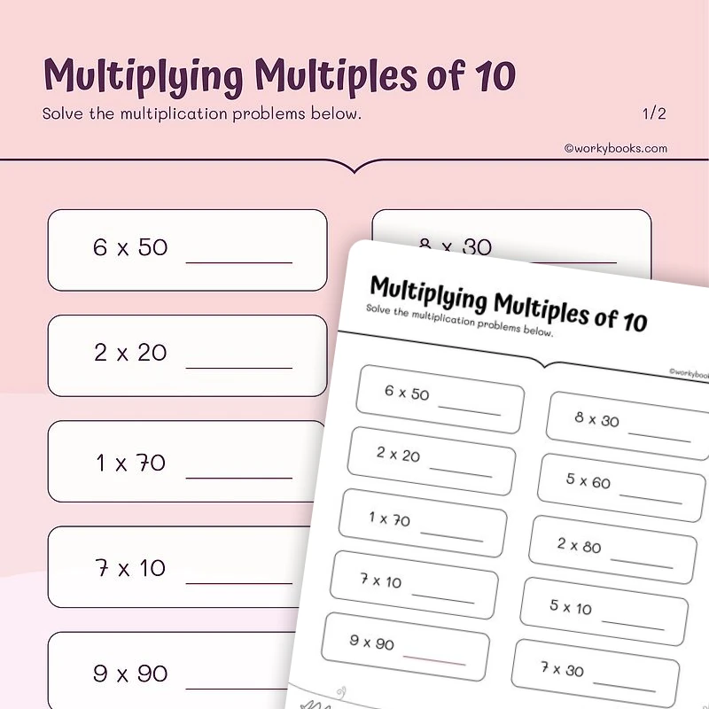 Multiples of 10 — Multiplication — math worksheet for Grade 3, page 1 of 3