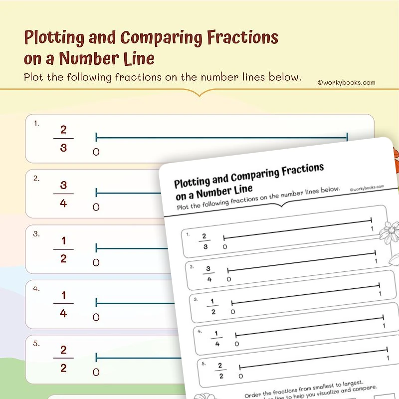 Plotting and Comparing Fractions on a Number Line — math worksheet for Grade 3, page 1 of 3