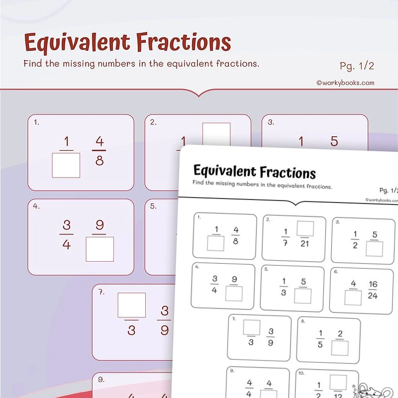 Equivalent Fractions Missing Numbers — math worksheet for Grade 3, page 1 of 3