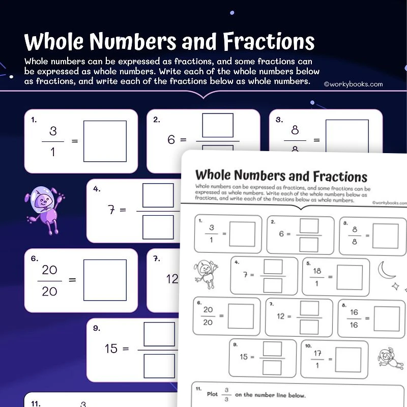 Whole Numbers and Fractions — math worksheet for Grade 3, page 1 of 3