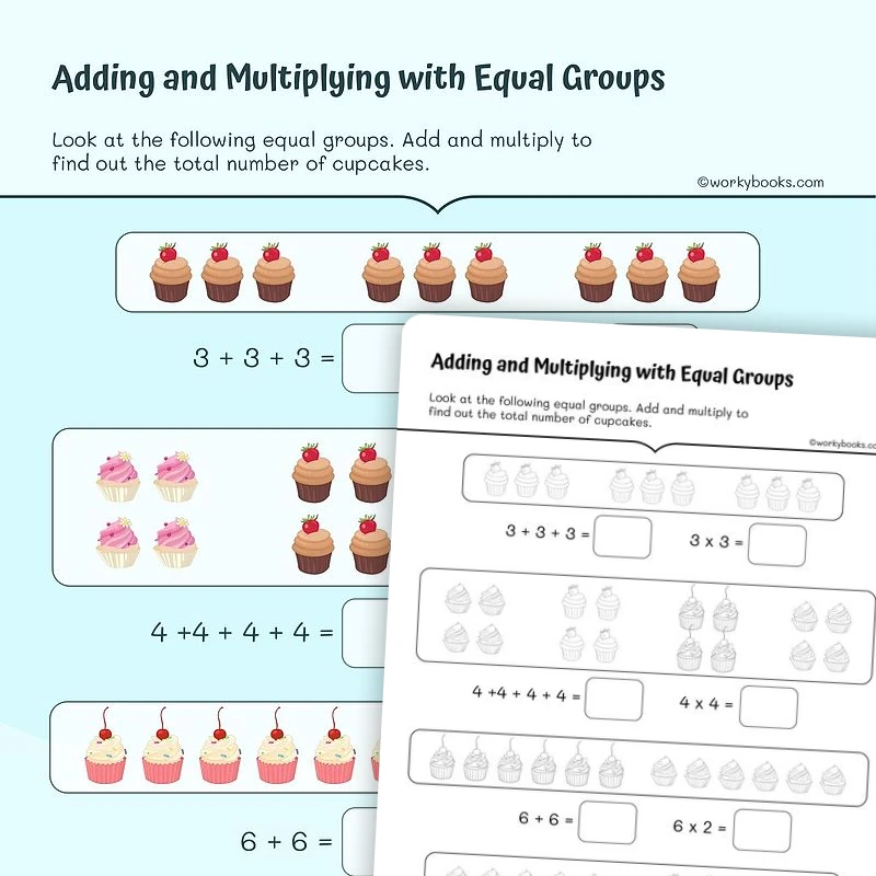 Adding and Multiplying with Equal Groups — math worksheet for Grade 3, page 1 of 3