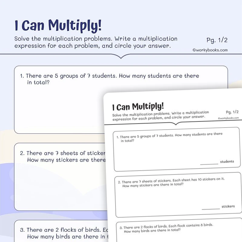 Interpreting Products of Whole Numbers — math worksheet for Grade 3, page 1 of 3
