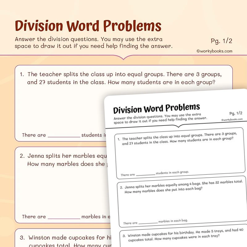 Division Word Problems — math worksheet for Grade 3, page 1 of 3