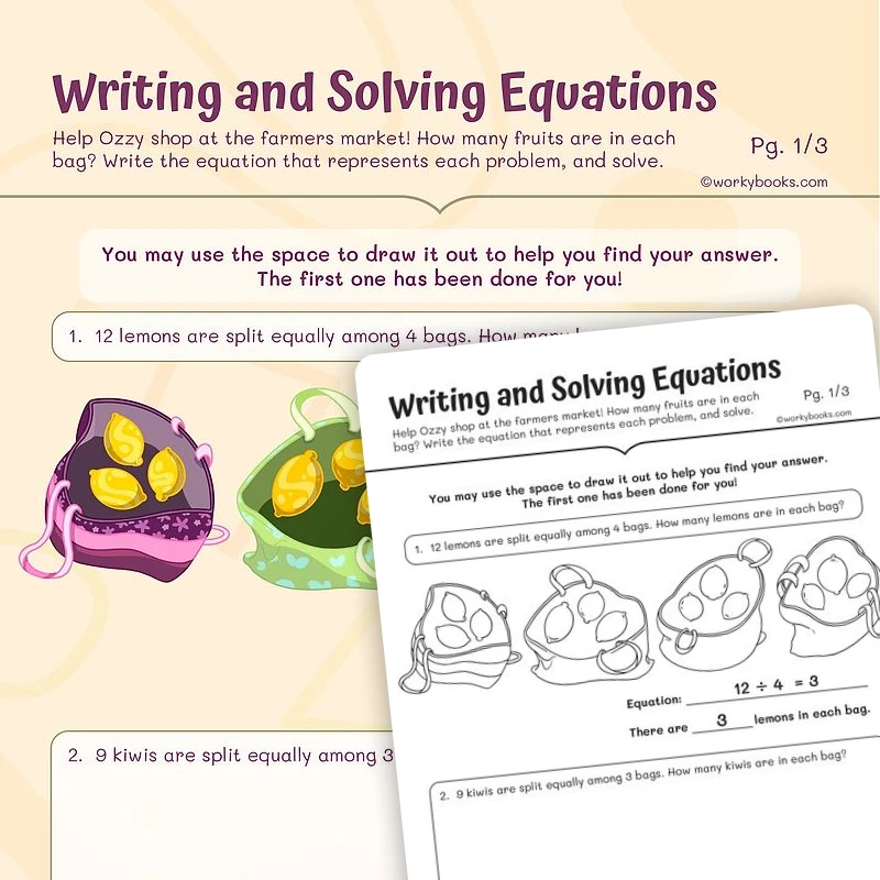 writing and solving equations — math worksheet for Grade 3, page 1 of 3